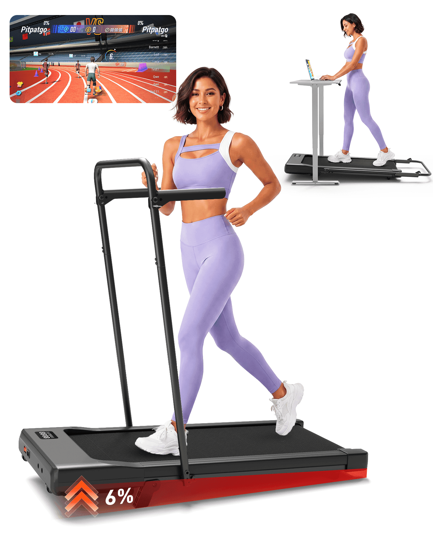 MJWW Treadmill Walking Pad with Handrail and 6% Incline, 300LBS Capacity Portable Under Desk Treadmill for Apartment and Home Office