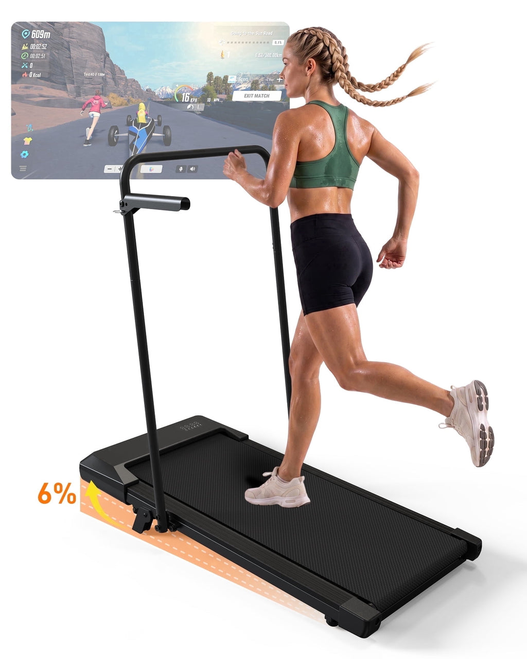 MJWW Compact Walking Pad Treadmill with Handrail and 6% Incline, Portable Under Desk Treadmill for Apartment and Home Office