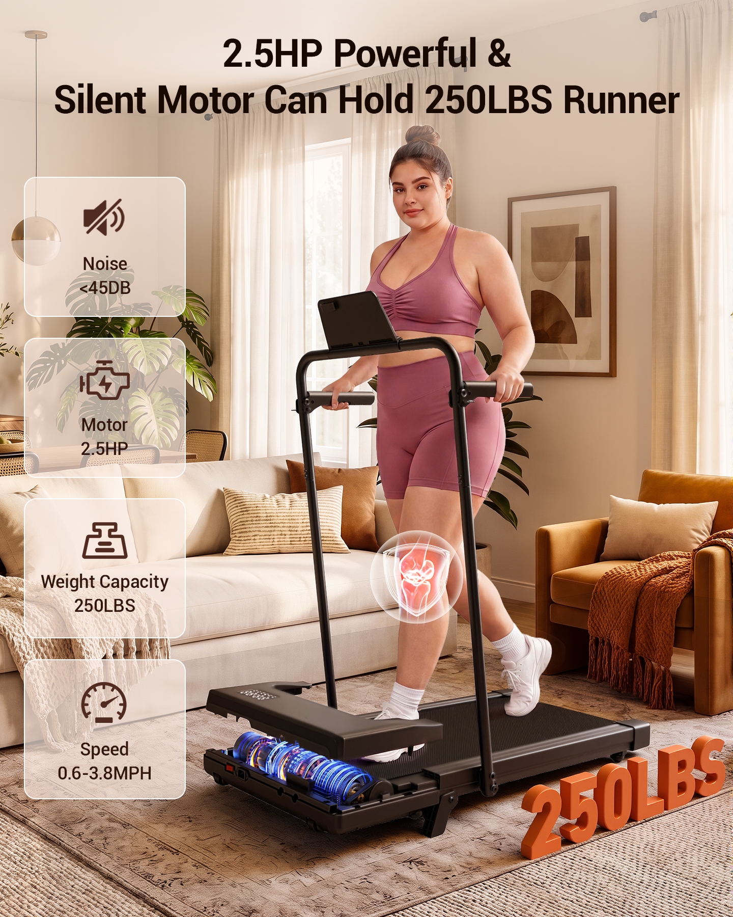 MJWW Treadmill Walking Pad with Handrail, Phone Holder and 6% Incline
