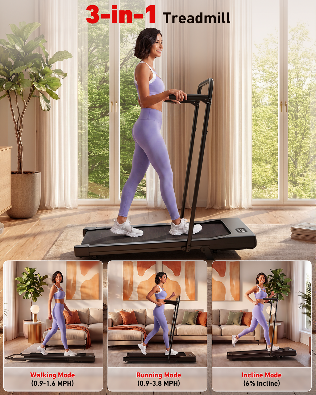 MJWW Treadmill Walking Pad with Handrail and 6% Incline, 300LBS Capacity Portable Under Desk Treadmill for Apartment and Home Office