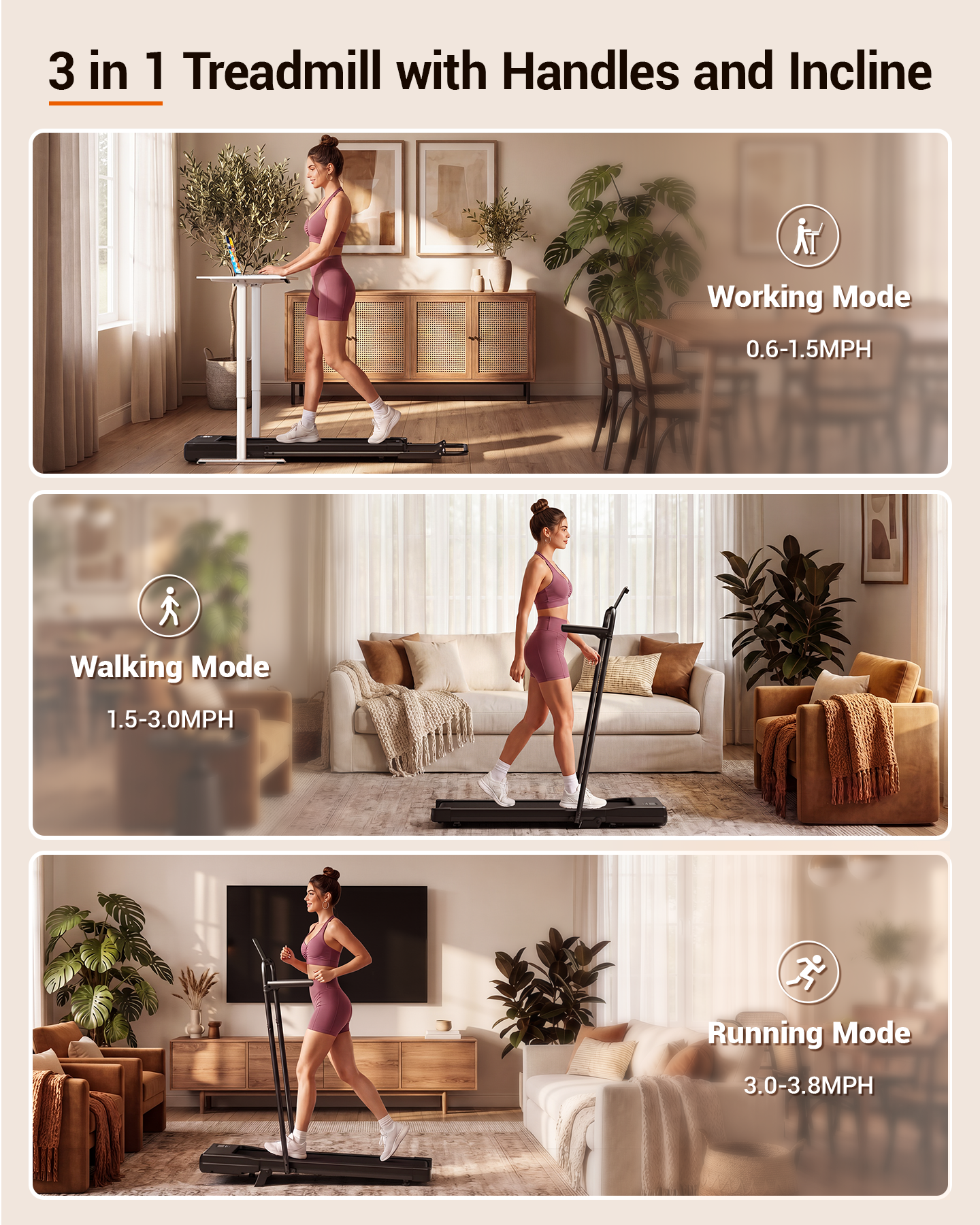 MJWW Treadmill Walking Pad with Handrail, Phone Holder and 6% Incline
