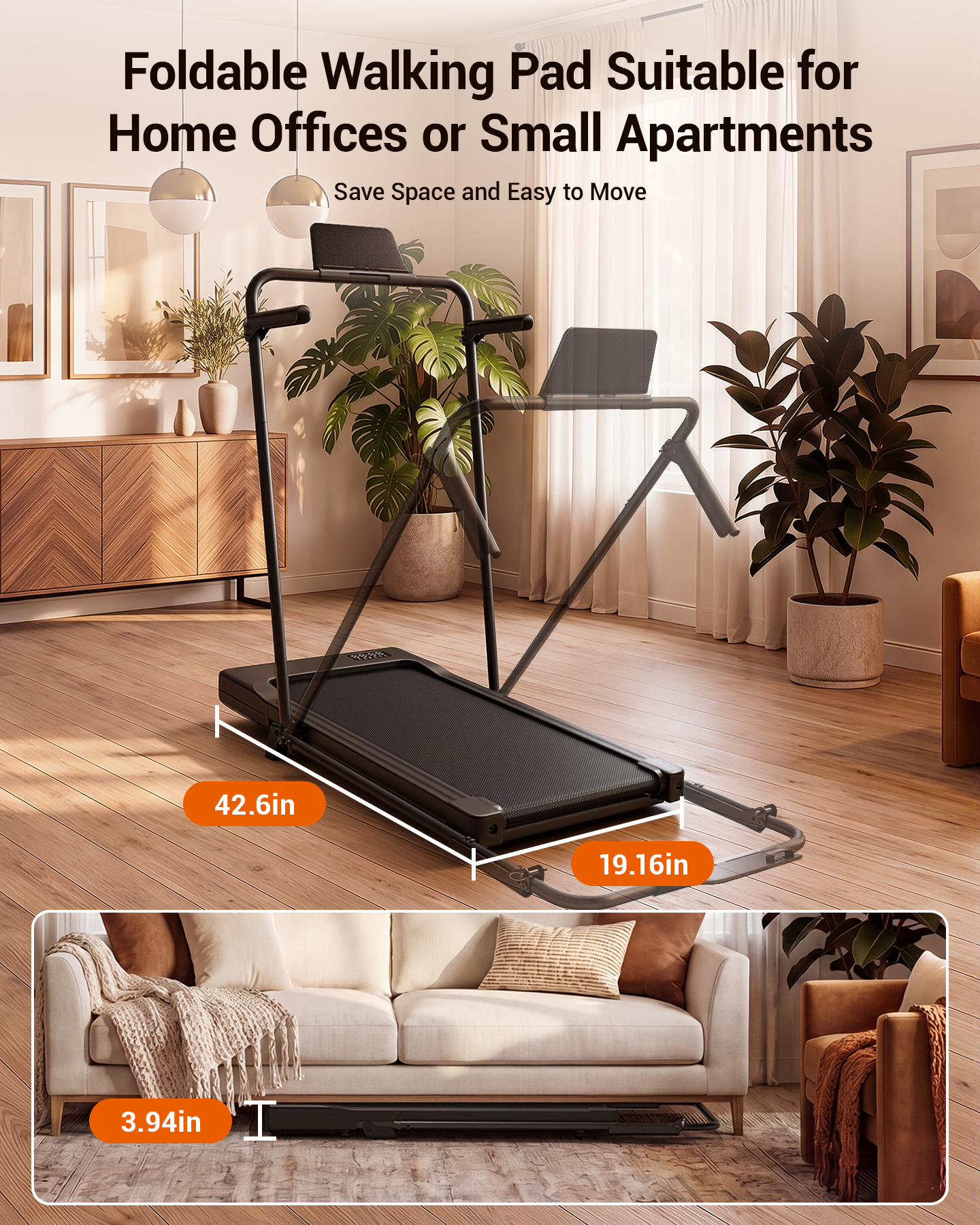 MJWW Treadmill Walking Pad with Handrail, Phone Holder and 6% Incline